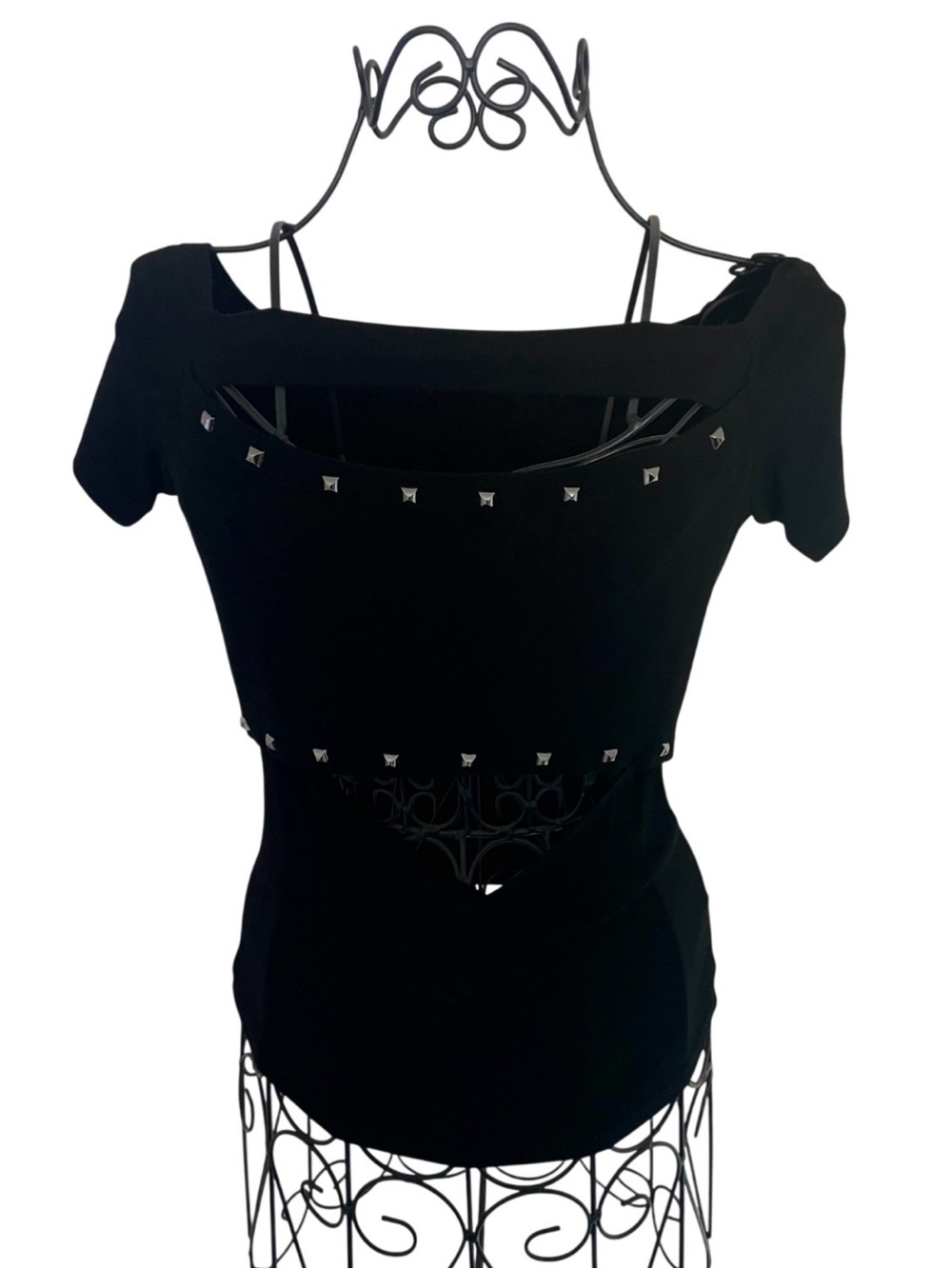 Handcrafted Black Stud-Trim Cut Out 2000s Women's Top - Picture 6 of 14